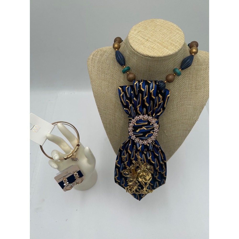 Neiman Marcus Silk Tie Necklace Unicorn Brooch Set Earrings Bracelet Blue Gold - Picture 3 of 12